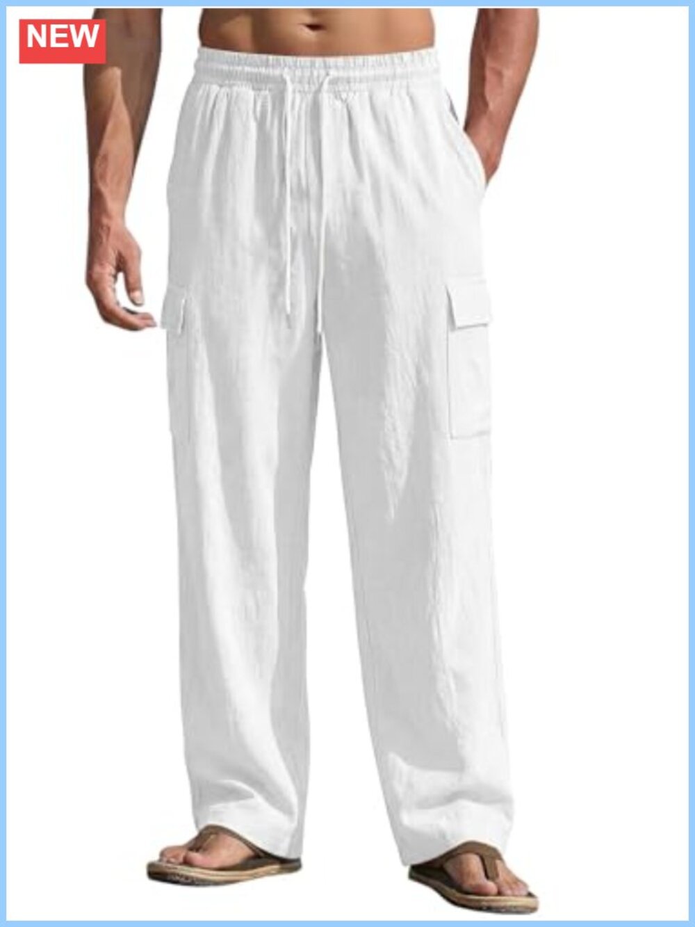 Men's Linen Pants Casual Cargo Pants with Pockets Lightweight Elastic Waist